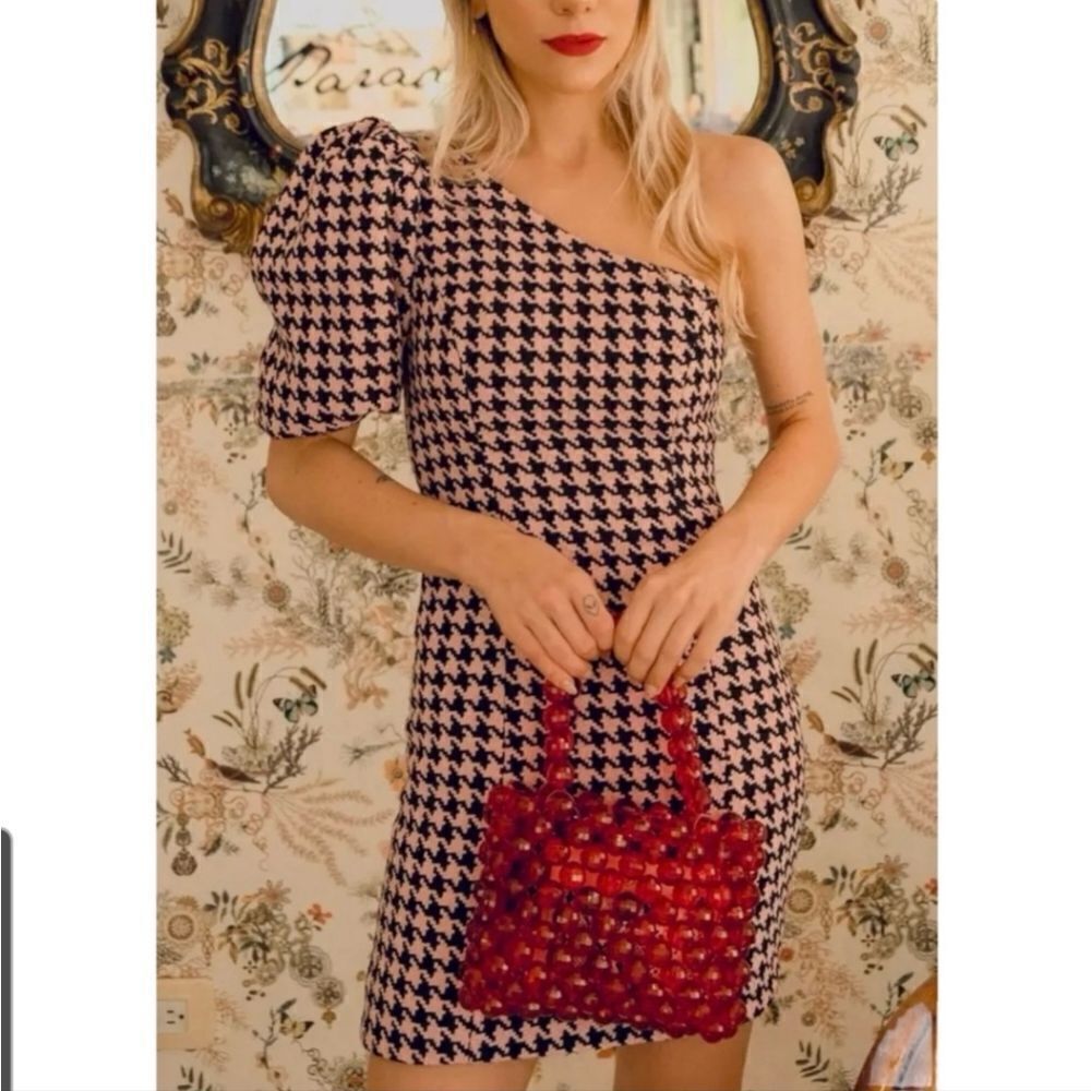 Majorelle Kirsten Mini Dress in Pink Multi Houndtooth One Shoulder XL